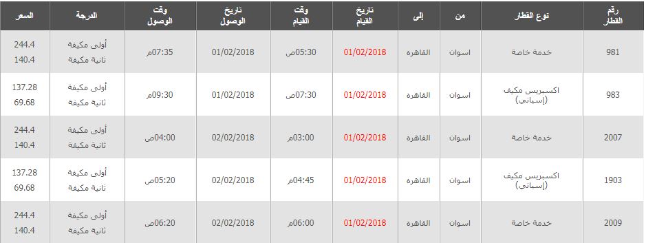 مواعيد واسعار قطارات أسوان