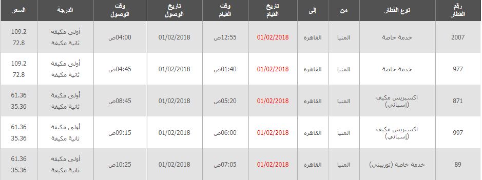 مواعيد واسعار قطارات المنيا