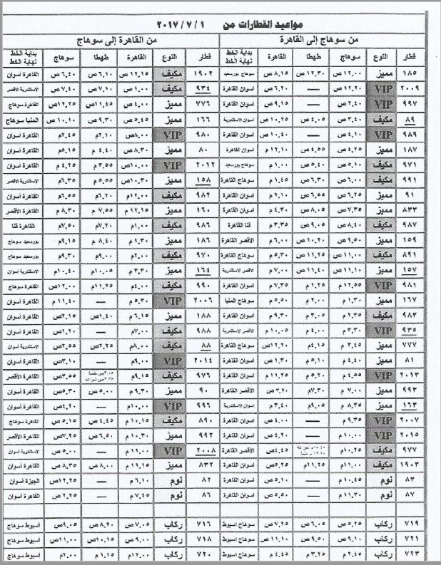 مواعيد قطارات سوهاج الى المراكز والنجوع المختلفة