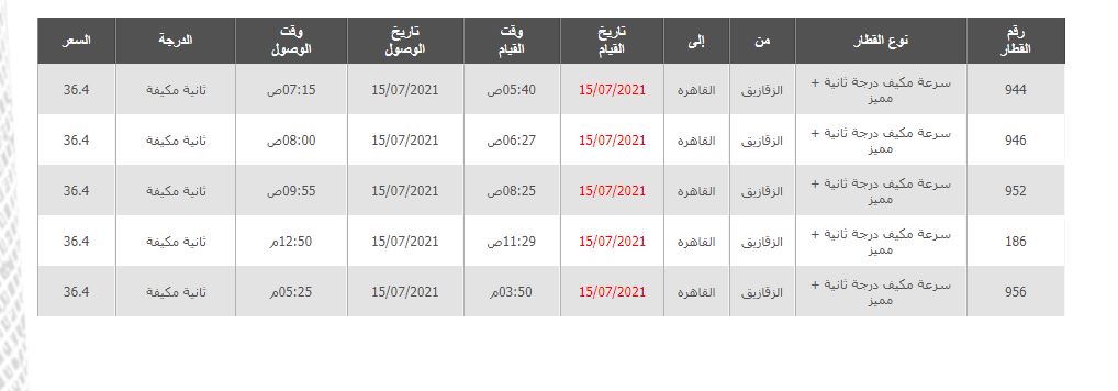 مواعيد واسعار القطارات من الزقازيق الي القاهرة 