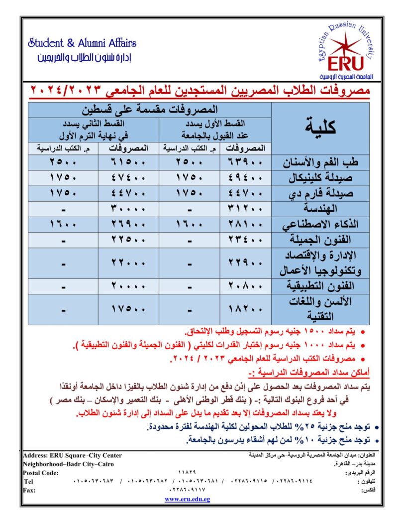 مصاريف الجامعة الروسية ERU بمدينة بدر 